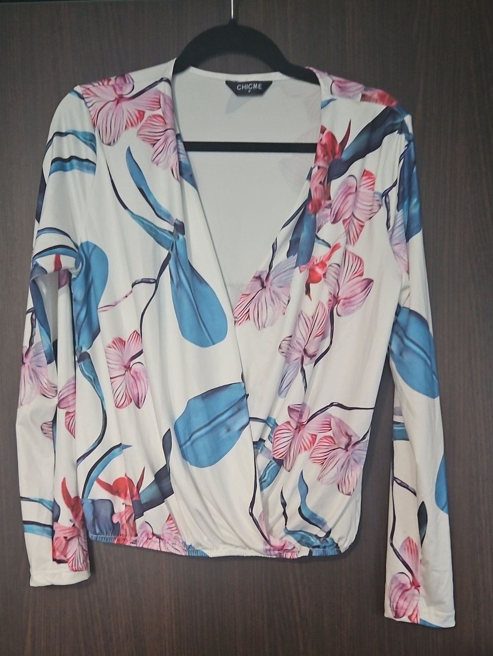 Long Sleeve Top with Blue Leaves and Pink Floral Print